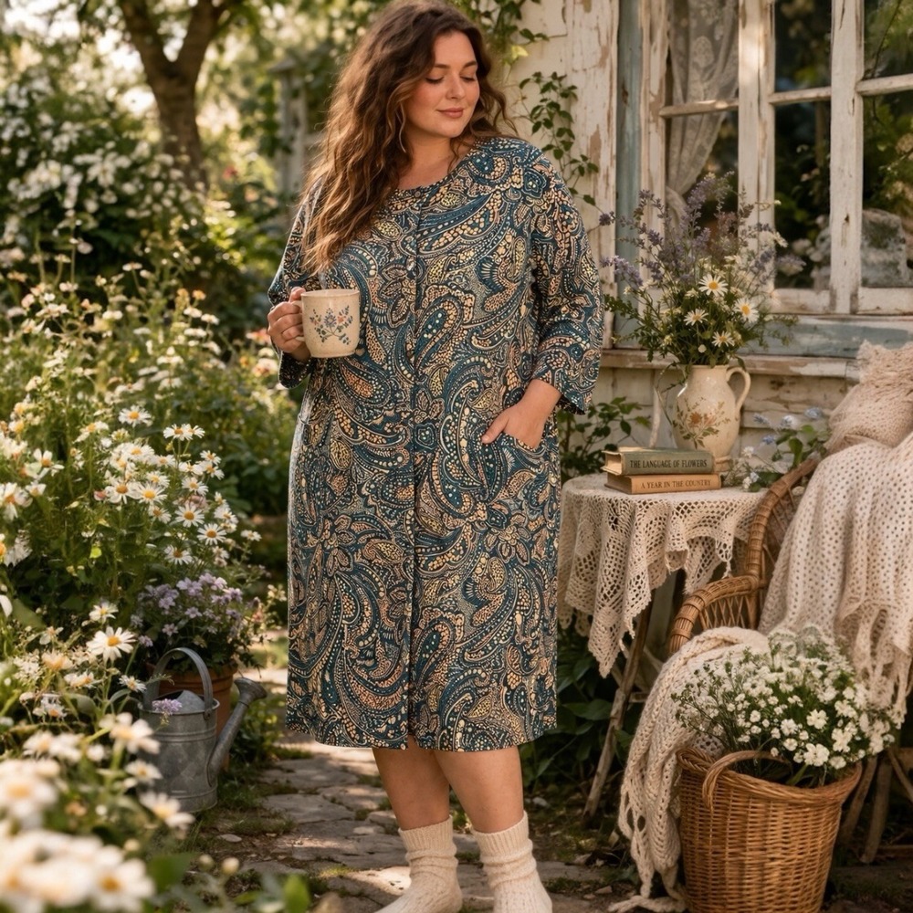 Miss Elaine Interlock Knit Robe Paisley 1X Teal Gold Button Front Cozy‎ Lounge